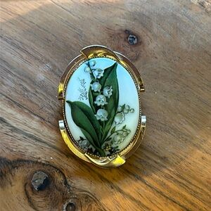 Lily of the Valley Painted Cameo Style Pin Brooch Pendant in Goldtone Frame